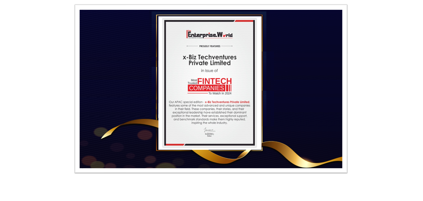 XBiz Best Fintech Company Award by The Enterprise World